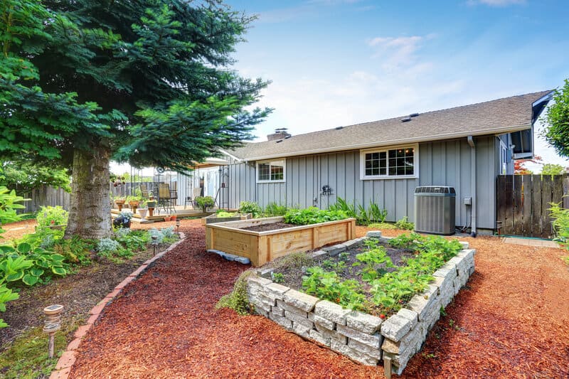 Wooden raised garden bed filled with vegetables